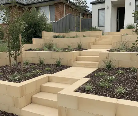 A sloped front yard with a contemporary design