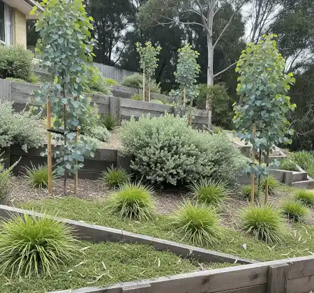 A terraced, sloped front yard with vertical plantings