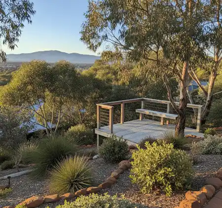 A viewing platform on a sloped yard