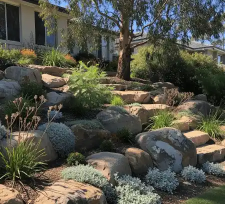 Boulders and large rocks on a sloped front yard