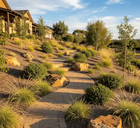 Curve pathway on a sloped front yard