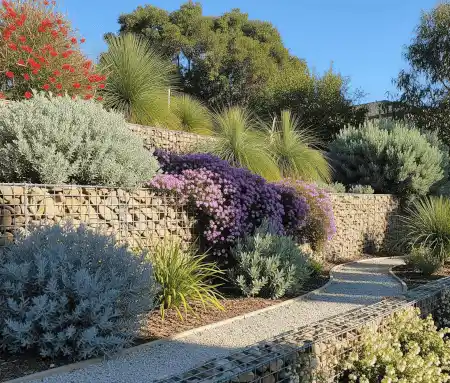 Gabion retaining walls on a sloped front yard