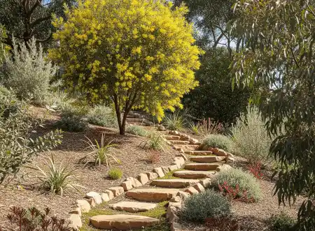 Sloped front yard with stone steps