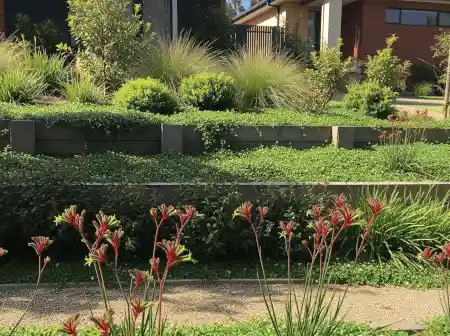 Sloped front yard with timber edging