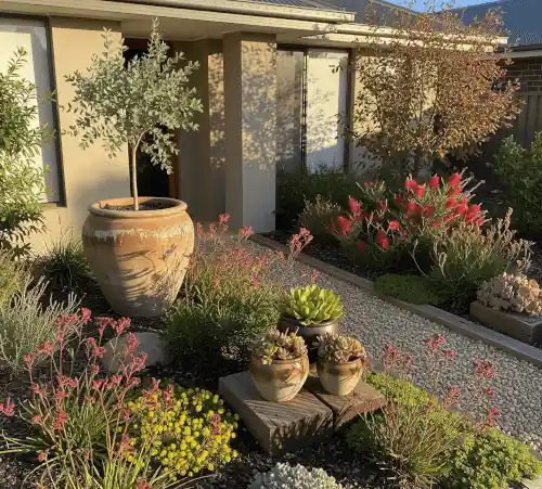 Small front native yard with matching pots