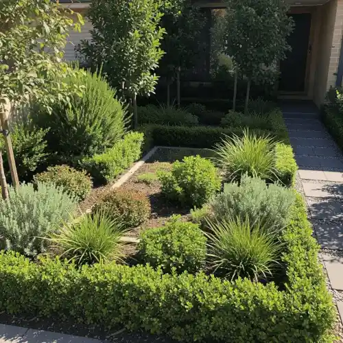 Small front yard framed with clipped border planting
