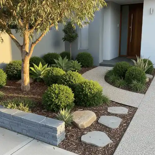 Small modern front yard with rounded bushes