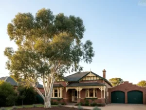 A white gum tree in a front yard of the Victorian style house